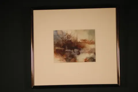 Original framed watercolor titled The Boathouse by Sherry H. Holmes, featuring a waterside architectural subject.