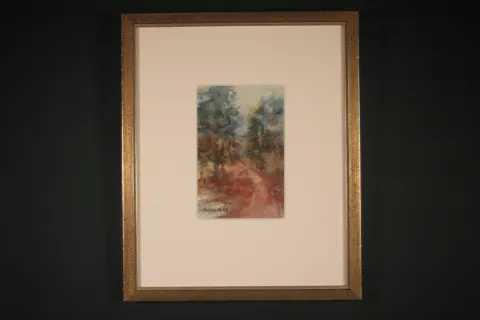 Original framed watercolor Little York Road by Sherry H. Holmes, depicting a rural winter landscape with pale snow-covered ground, sparse trees, darker brush, and subdued earth tones.